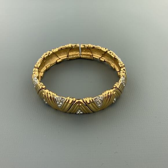 Vintage Gold Tone Metal Rhinestones Textured Open Cuff Bracelet - Picture 4 of 10